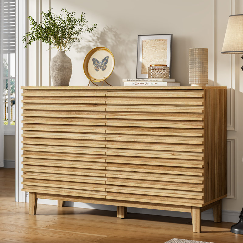 6 Drawer 47.2" W Wooden Strip Decoration Double Dresser, Natural