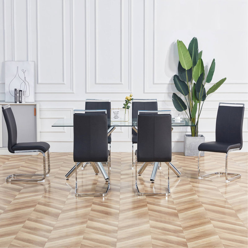 Set of Modern Faux Leather Cantilever Dining Chairs with Vertical Stitching and Metal Base, Black, Silver, 4