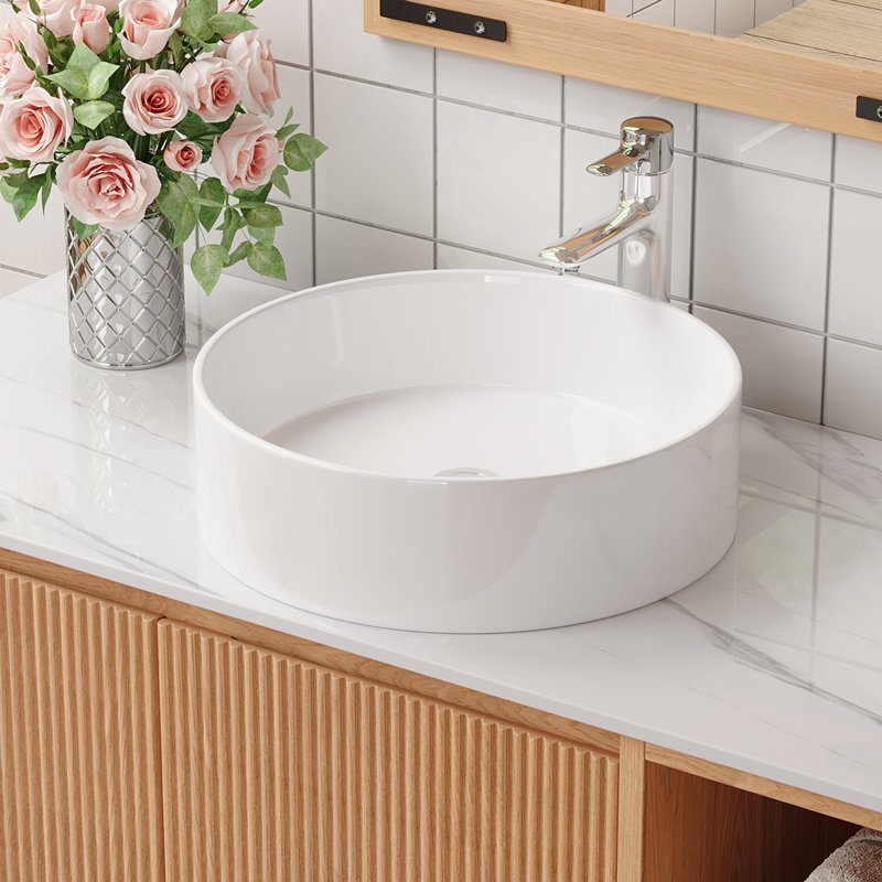 14.17'' Single Bathroom Sink, Round Vessel Ceramic Basin Without Faucet, No Cabinet