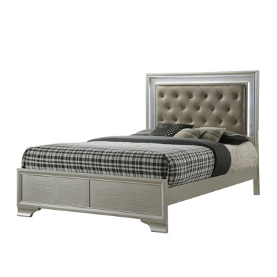 Modern Full Size Led Panel Bed With Crocodile Skin Finish And Faux Diamond Headboard Pattern Shelf