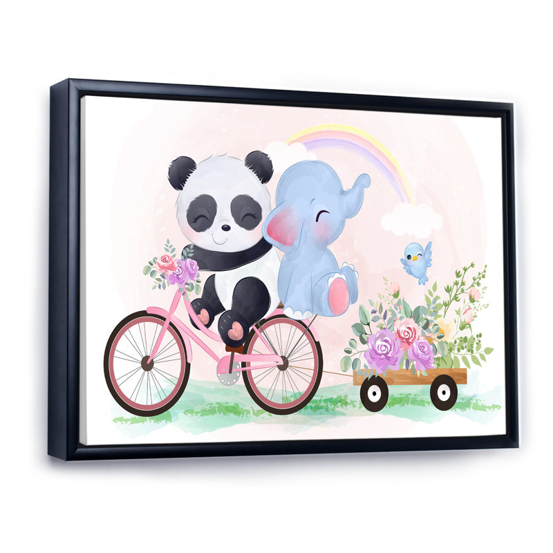 Mignon panda et éléphant sur un vélo - Cadre photo, impression sur toile, H 16 po x l 32 po x P 1 po, Cadre flottant noir