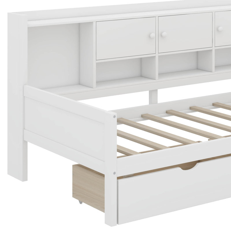 Twin Size Wooden L-Shape Daybed With Cabinets And Two Storage Drawers, Multi-Functional Bed With Study Desk And Built-In Bookshelf