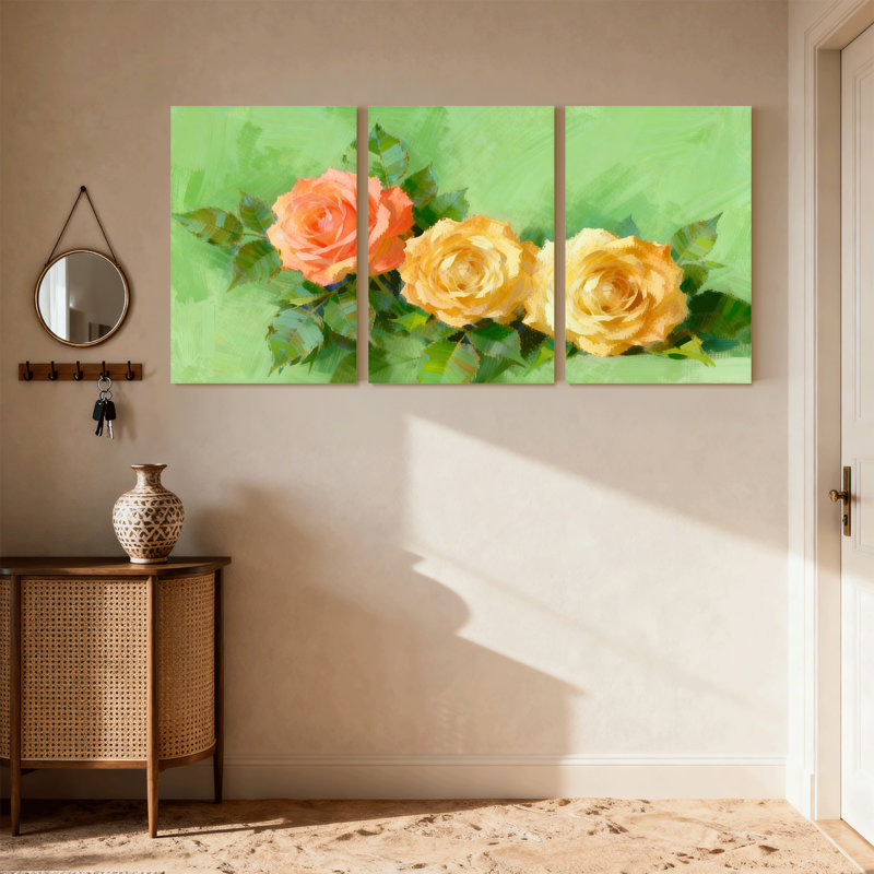 Roses roses sur fond vert, ensemble de 3 impressions sur toile, H 24 po x l 48 po