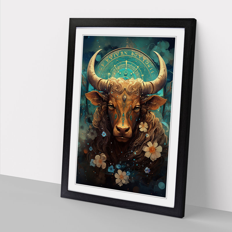 XYZ-FRM-V1223-6122 Taurus Zodiac Tachisme No.2 - Single Picture Frame Print on Wood, 46cm H x 34cm W x 2cm D, Black 