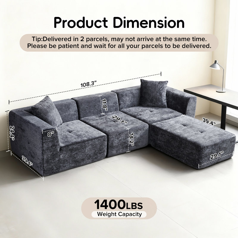 108" Modular Sectional Sofa L-Shape Chaise, Compression Sofa Plush Velvet Oversized Boneless Couch with Deep Seat, No Assembly 3 Seater Cloud Couch for Modern Living Room & Bedroom (Gray)