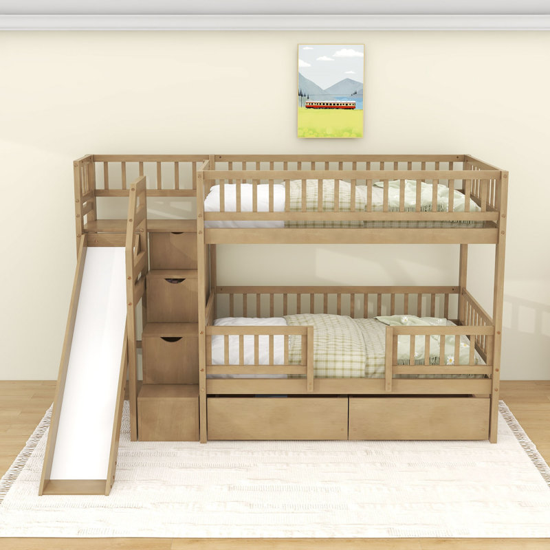2 Drawers Twin Over Twin Bunk Bed With Storage Stair, Slide And Guardrails, Walnut