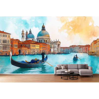 Venice Gondola Basilica Wall Mural – Watercolor Italy Grand Canal Wallpaper For Living Room & Bedroom Vn921 (Non-Woven) VN921