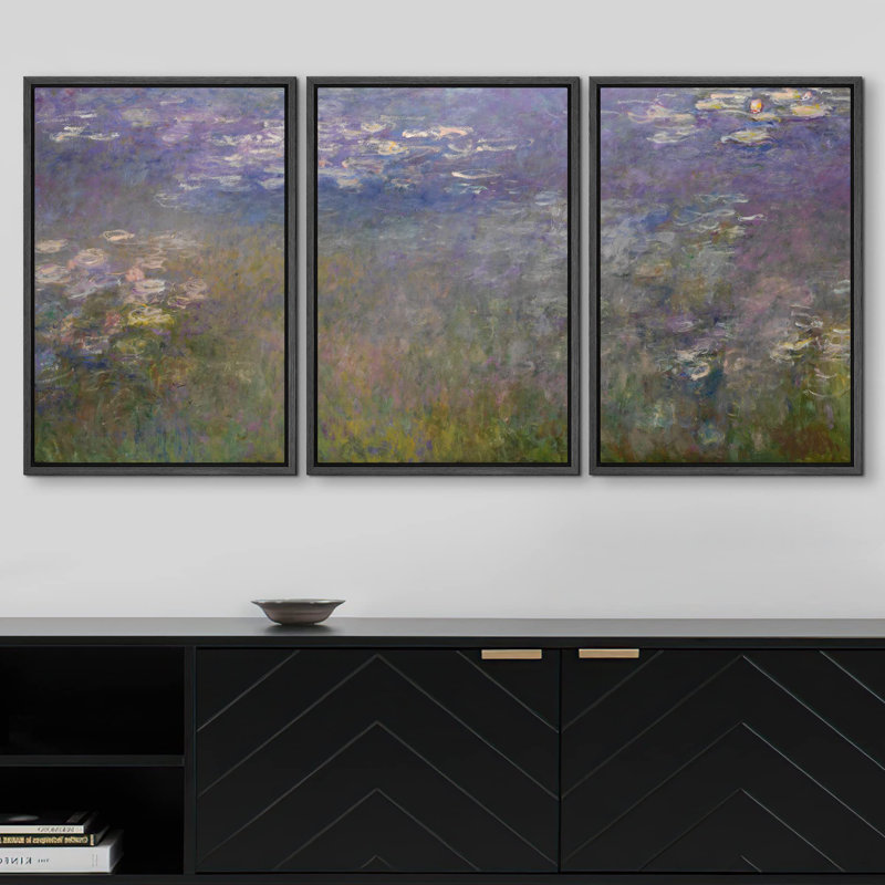 Célèbre œuvre d'art «Nymphéas» par Claude Monet, H 36 po x l 72 po, Cadre flottant noir