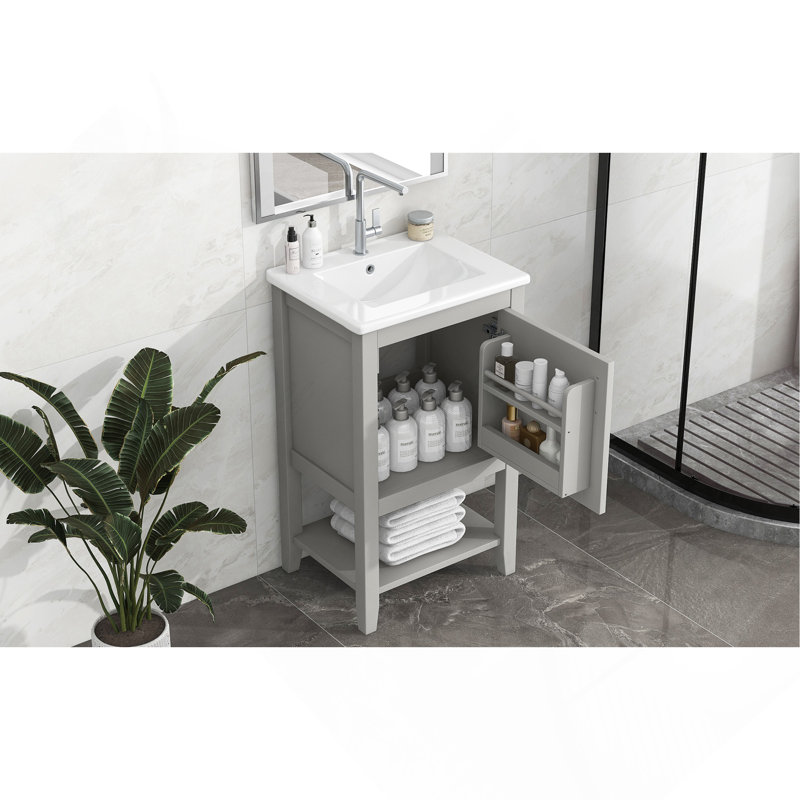Meuble-lavabo de 20 po avec lavabo, armoire de salle de bain avec porte à fermeture douce, support de rangement et tablette ouverte, gris