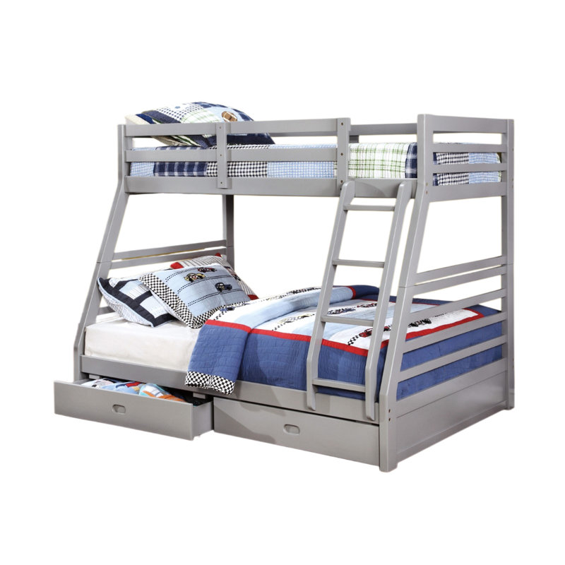 Solid Wood Transitional Twin Over Full Bunk Bed With Grey Finish, Two Drawers For Storage, Attached And 10 Pc. Slats Joint Rails Structure In Frame, Large Secure Slat Design