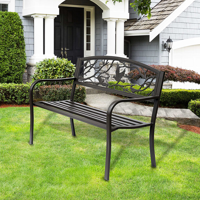 Banc de patio extérieur 50 po, avec motif animalier pour la cour, la pelouse, le porche. Charme rustique, assise ergonomique, métal en acier coulé massif, support brun - thème,