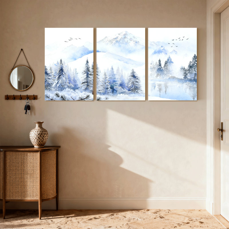 Paysage et nature, forêt d'hiver, lac de montagne, arbres de réflexion, oiseaux du ciel, ensemble de 3 impressions sur toile