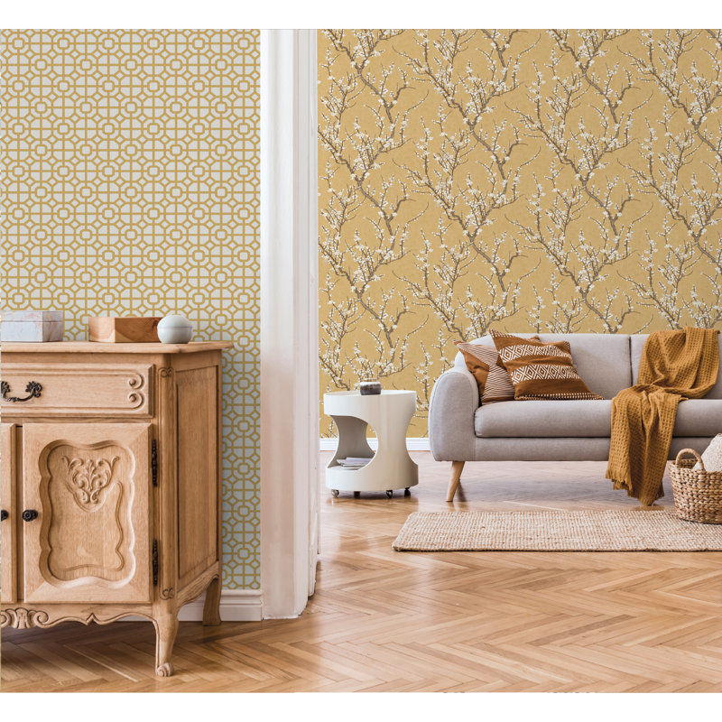 Laughlin Sakura Tree Design 10.05M X 53Cm Matte Wallpaper Roll, Yellow