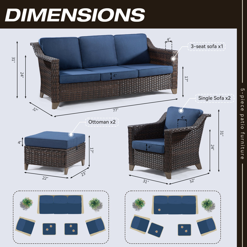 Ensemble de conversation avec coussins pour 5 personnes Zabelle, Bleu