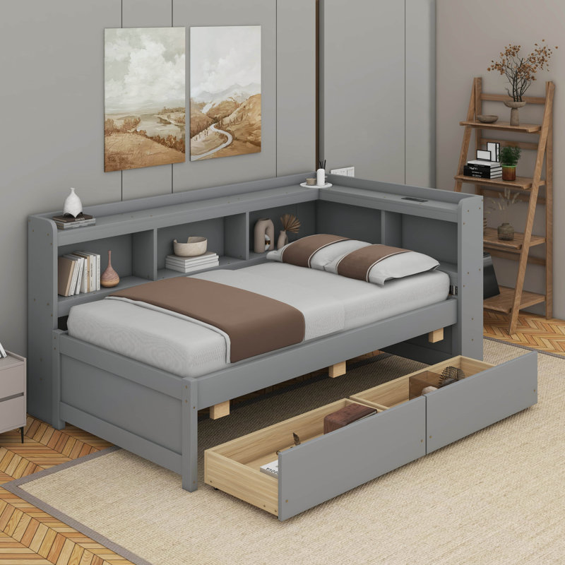 Twin Size L-Shaped Bookcases Bed With Power Outlets, USB And Two Drawers, Gray