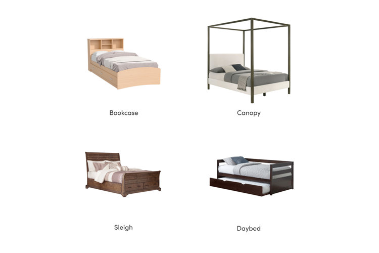 collage on platform bed designs depicting bookcase beds, canopy, sleigh, and daybed