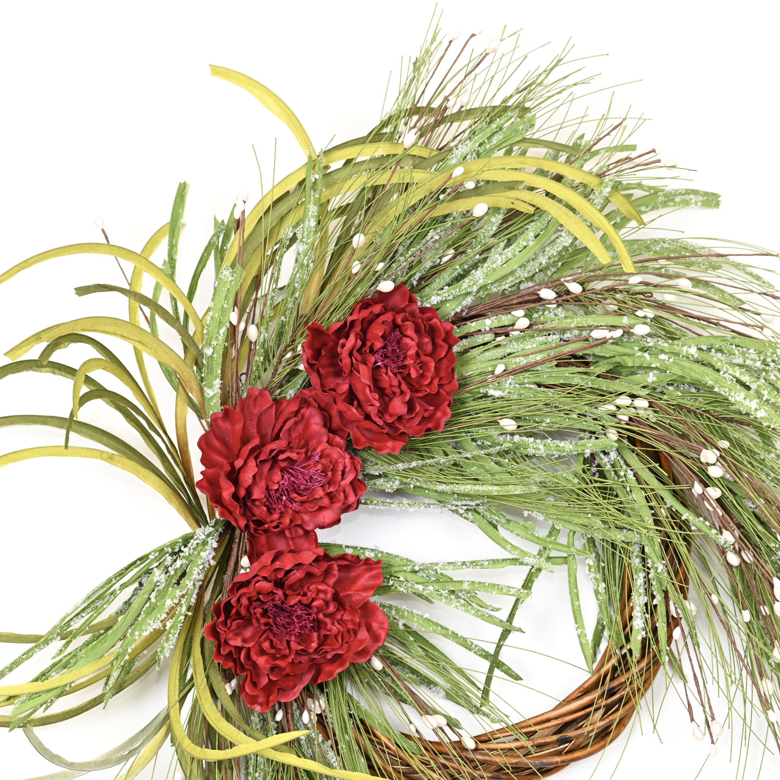 28" Winter Christmas Berry Peony Front Door Wreath, Green/Red