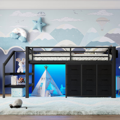 Low Loft Bed With Multi-Storage Spaces, Including Fabric Drawers, Shelves, Stairs, And Lights