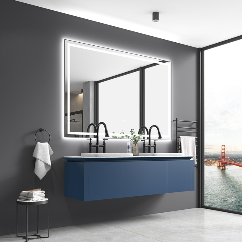 Miroir de salle de bain 84 po x 48 po à DEL avec façade et rétroéclairage, miroir de meuble-lavabo mural avec cadre en aluminium, antibuée, mémoire, 3 couleurs, gradation continue