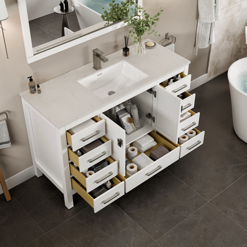 Eviva London 54"W x 18"D Bathroom Vanity with Undermount Porcelain Sink, Quartz - White Carrara, White