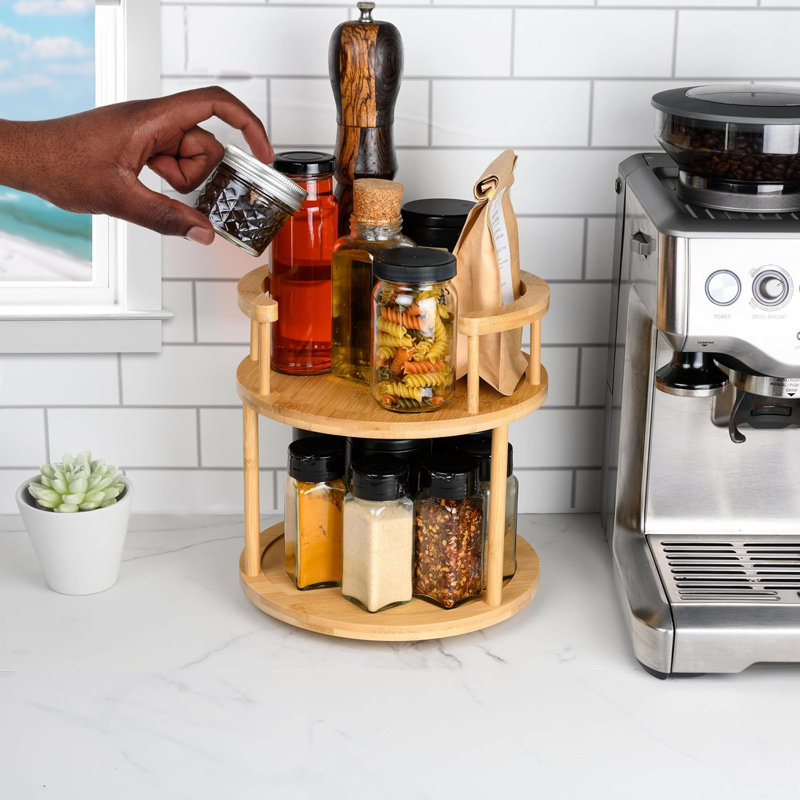 Wooden Rotating Spice Rack - 2 Tier Lazy Susan - 360 Degree Spinning Revolving Turntable Organizer Rack For Kitchen Countertop, Pantry