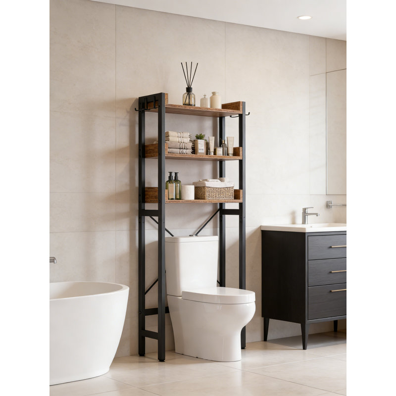 3-Tier Over The Toilet Storage Rack Freestanding With 4 Hooks Rustic Brown, Rustic Brown