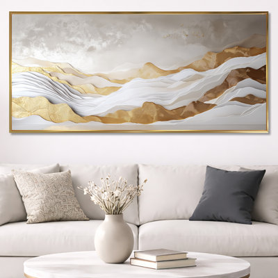 Gold White Gold and White Mountain Soft Horizon Layers – Abstract Framed Canvas Print, Serene Large Wall Art