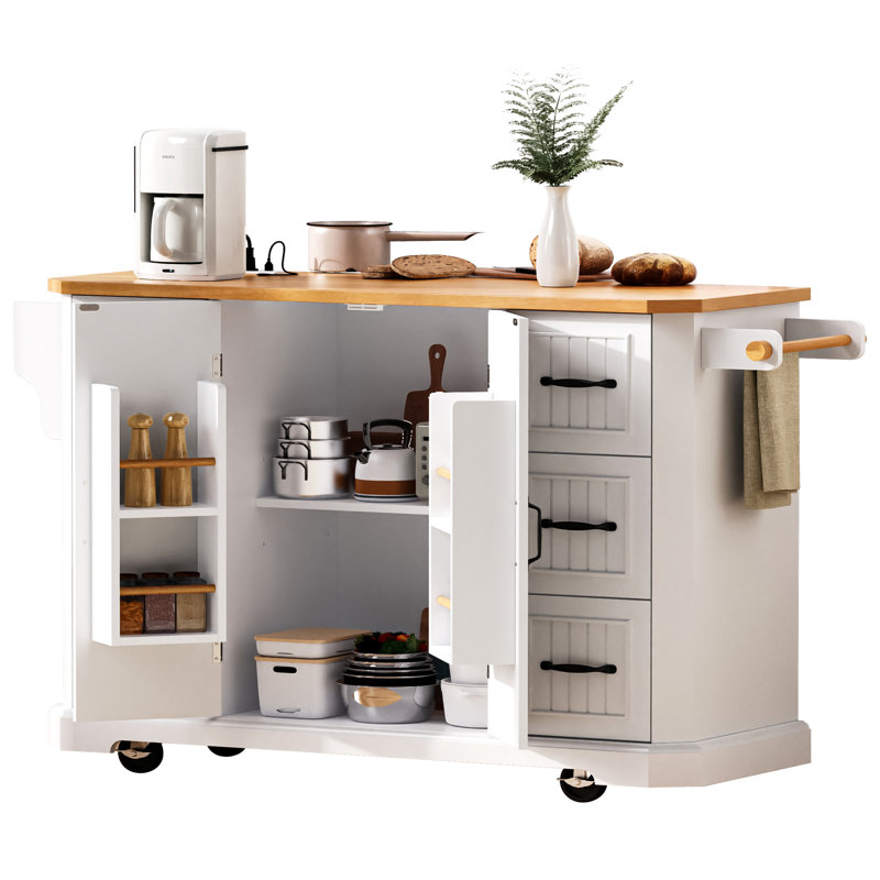 56" Rolling Kitchen Island With Drop Leaf, Rubber Wood, Power Outlet, 4 Doors & 6 Drawers, White, White
