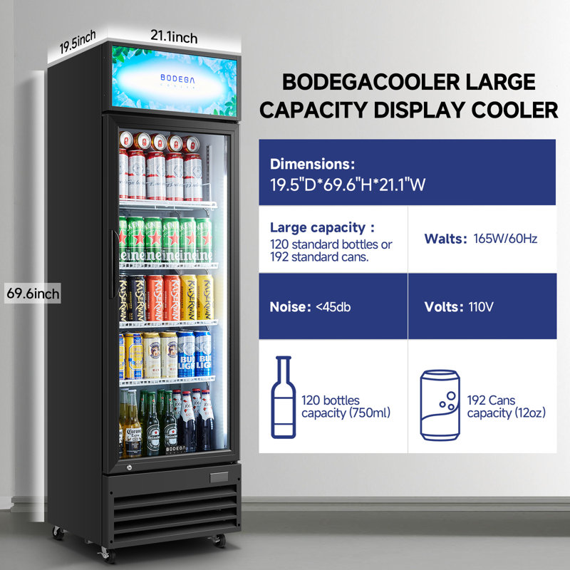 Bodegacooler Commercial Display Refrigerator With Adjustable Shelves And Led Light, 9 Cu. Ft. Merchandiser Beverage Cooler For Bar, Restaurant, Or Kitchen