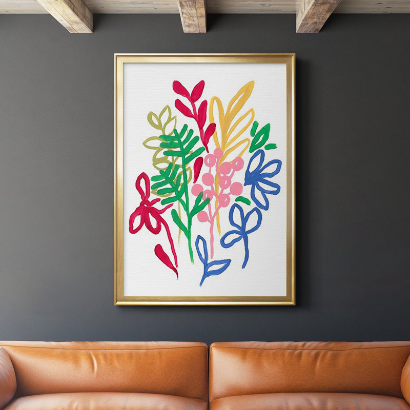 «Bold Brushstroke Blooms II», reproduction encadrée de qualité supérieure - prête à être accrochée, H 42,5 po x l 30,5 po, Or