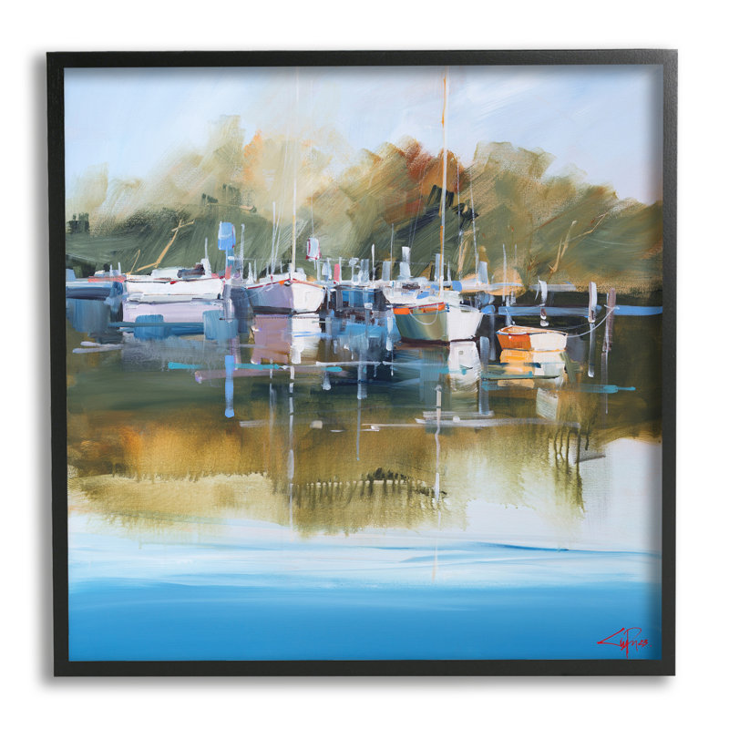 Ba-063 - Peinture encadrée d'une marina, Giclée encadrée noir minuit, H 12 po x l 12 po x P 1,5 po