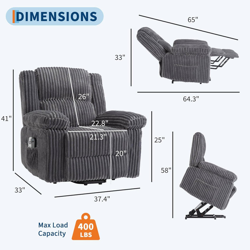 Power Lift Recliner Chair with Heat & Massage, Electric Plush Recliner for Elderly & Mobility Impaired, Dark Gray