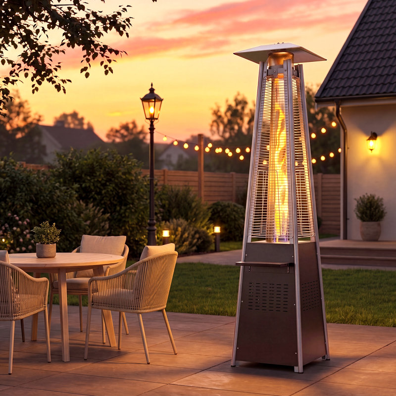 87 Inch Pyramid Patio Heater with Table, Wheels & Cover, 48,000 BTU Propane Outdoor Heater with 360° Glass Flame, Movable Standup Heater for Backyard Deck Poryard Poolside & Outdoor Parties, Black