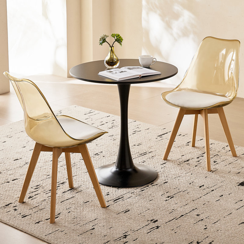 3-Piece Modern Dining Set, 23.6" Black Round Tulip Table with 2 Clear Brown Acrylic Chairs, 23.6" Black Table