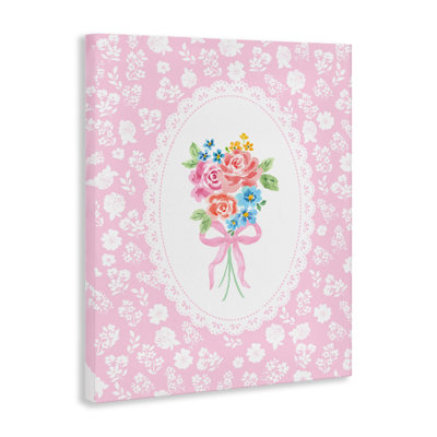 Toile rose avec bouquet féminin, design par Corinne Haig