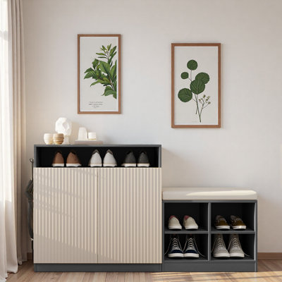 Stylish Shoe Cabine With 2 Doors, 3-tier Adjustable Shelves, Open Space, Hooks, Shoe Bench With 4 Open Shoe Racks And Removeble Cushion