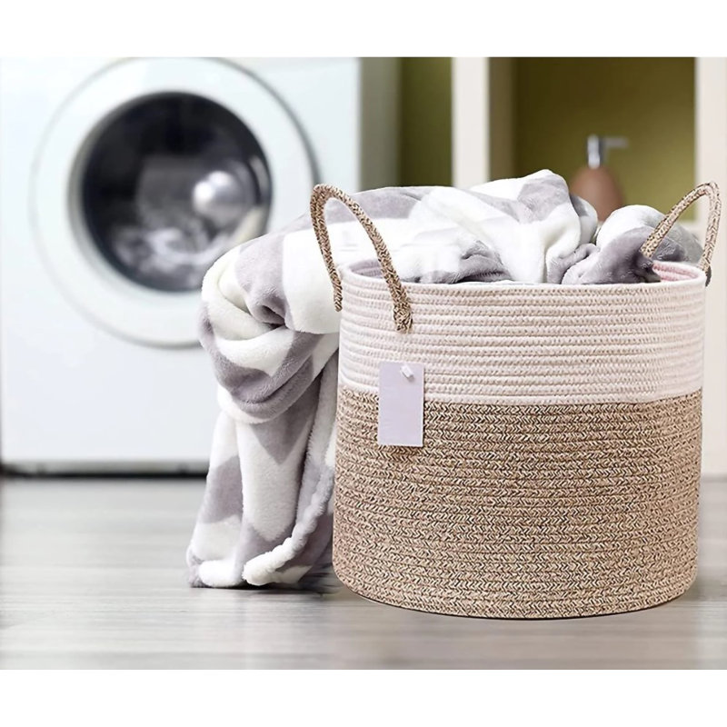 Large White And Beige Woven Collapsible Eco Friendly Laundry Basket 15 X 13 Inches