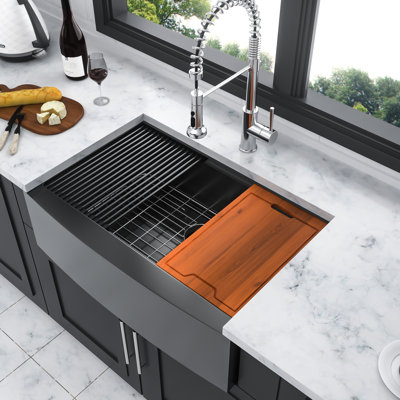 30 Inch Gunmetal Black Stainless Steel 16 Gauge Apron Front Sink Workstation - Scratch , Rust Easy To Clean With X Shaped Groove Design For Improved Drainage, 10 Deep Large Capacity, 3Mm Rubber Noise