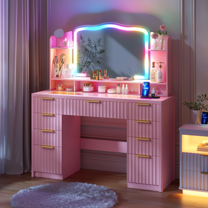 Makeup Vanity With Color Lighting Mirror And Human Sensor Module, Vanity Desk With Outlets, Storage Drawers And Cabinet, Pink
