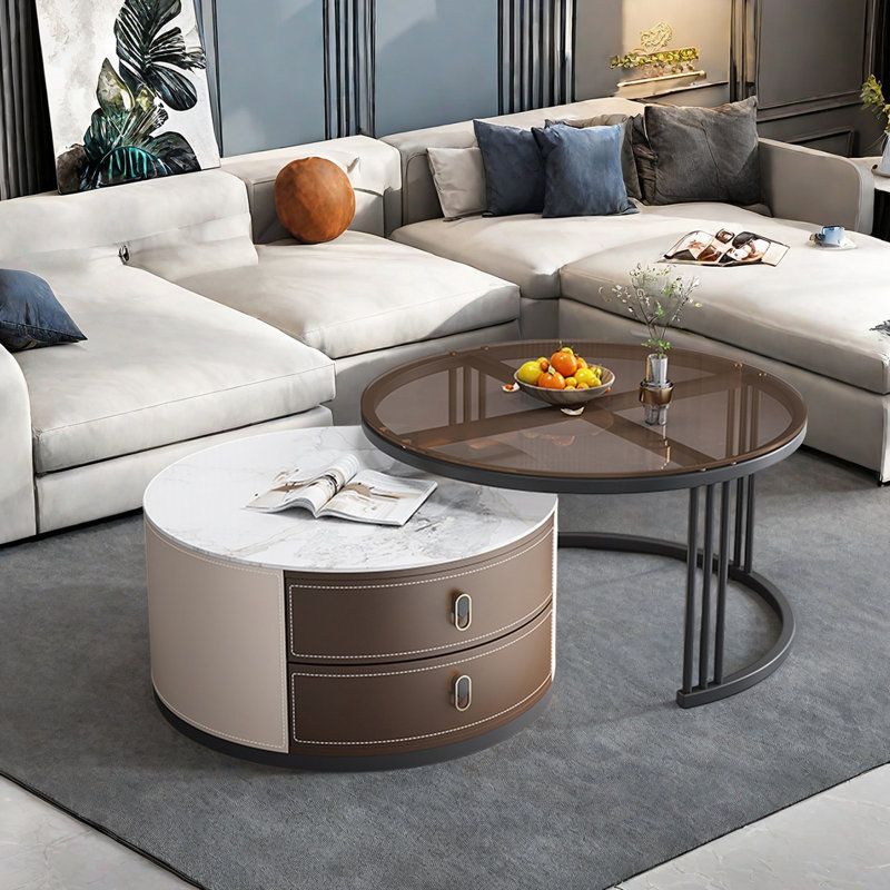 Ensemble de tables basses Modern, Blanc / transparent / brun clair / gris, H 17,7 po x L 27,6 po x l 27,6 po