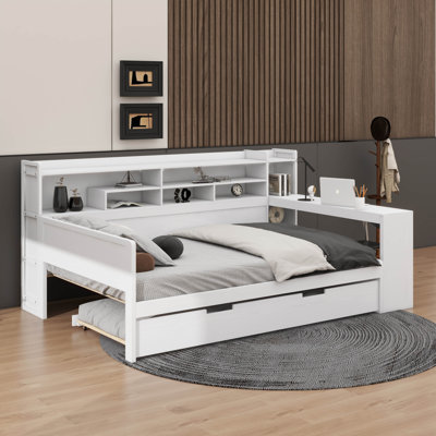 Daybed With Trundle Side Bookcase And Desk Pine Wood Captains Bed With Storage Headboard