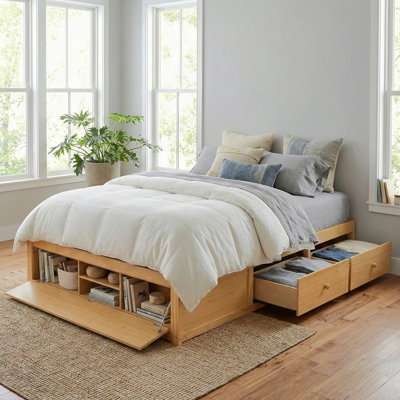 Maryanna Size Platform Bed Frame With 4 Storage Drawers And Hydraulic Lift Footboard Storage, No Headboard, Modern Space-Saving Design-Natural