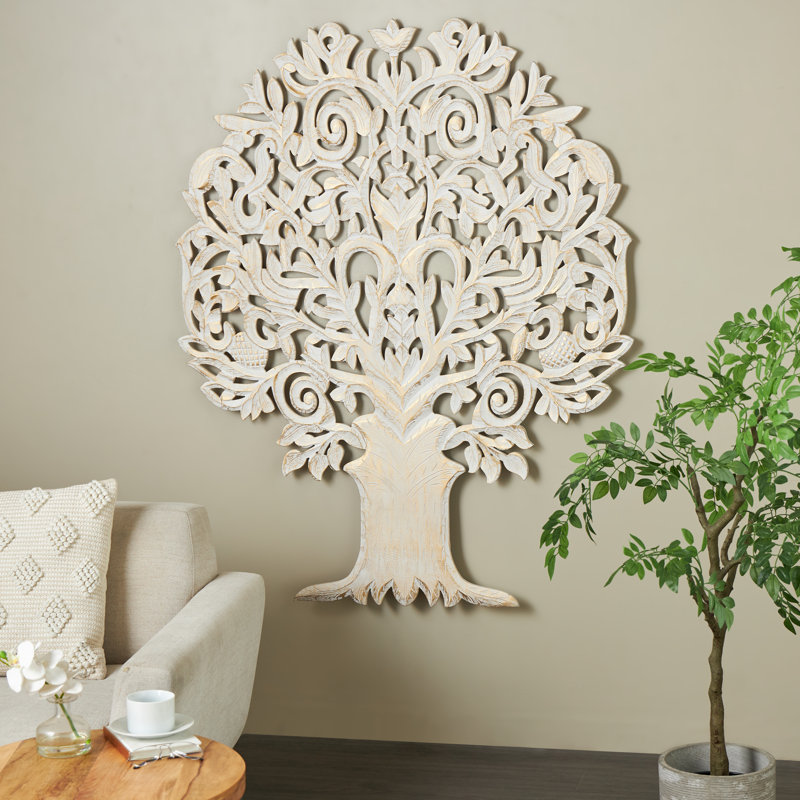 Wildon Home® Wooden Handmade Carved Tree Wall Decor With Scroll Details