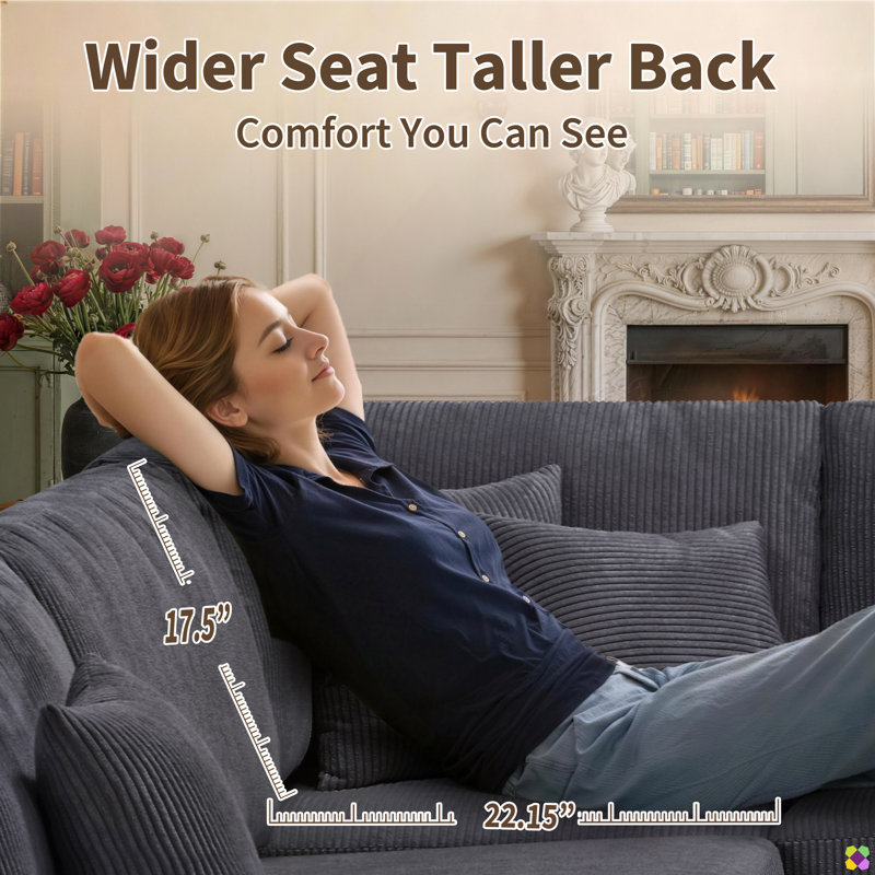  Wartow 108.5"W Corduroy Upholstered 5 - Piece Sectional, RAF, LAF, Symmetrical, Dark Gray Corduroy
