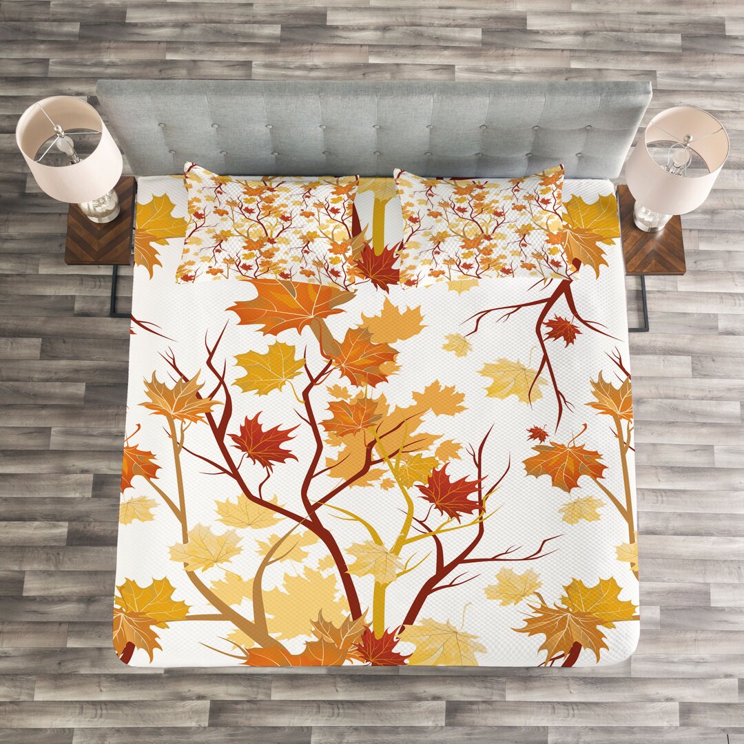 Gestepptes Bettdecken-Set, Herbst-Jahreszeit-Elemente Natur, Fallen, Gelb Orange