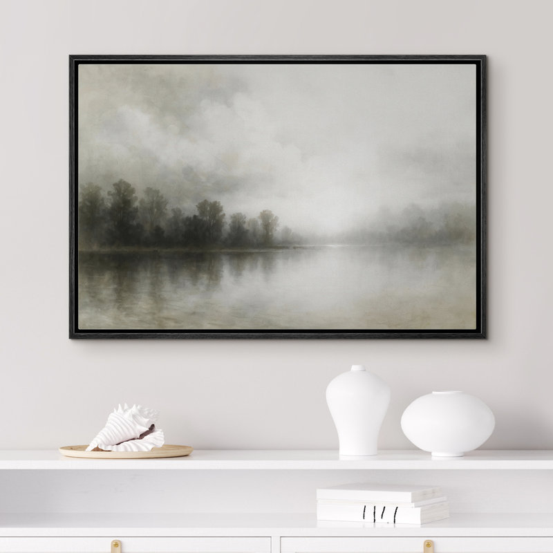 «Bright Misty Forest Lake with Morning Light Reflection», reproduction d'art sur toile encadrée dans la chambre principale
