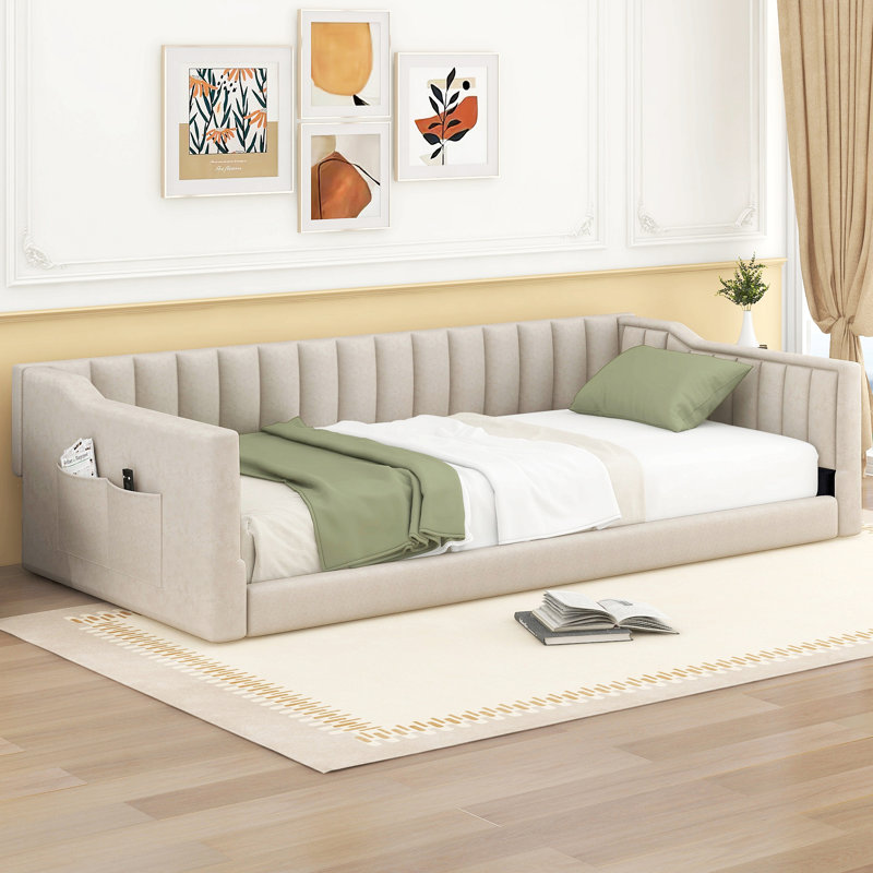 Twin Size Upholstery Daybed And Side Storage Pocket, Beige