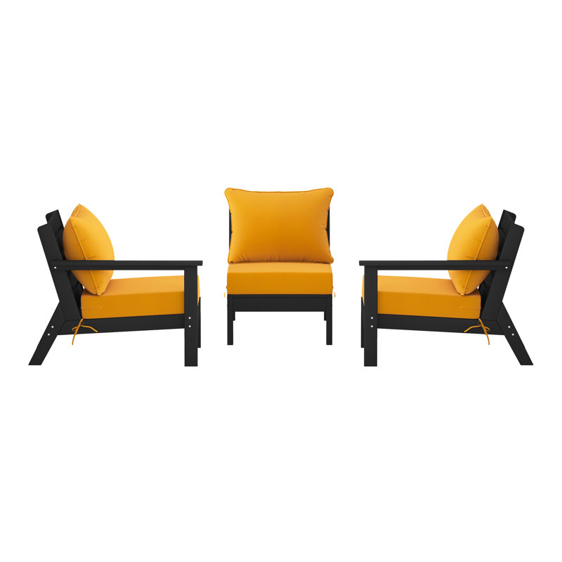Ensemble de conversation à assise profonde 3 pièces avec coussins, Jaune, Noir, noir, noir, noir
