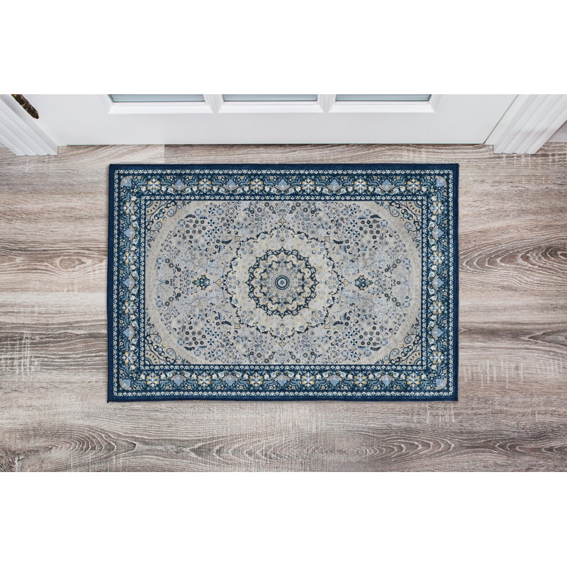 Emanuel Traditional Machine Woven Flatweave Cream and Blue Area Rug with Non Skid Backing, Rectangle 3'3" X 5'