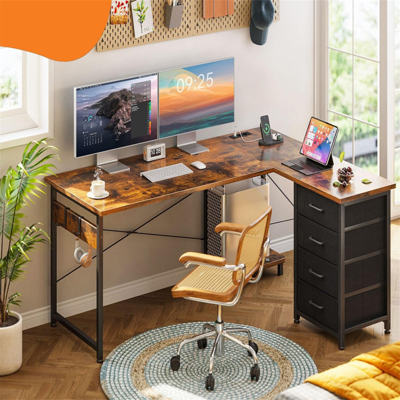Brenice L-Shaped Metal Base Computer Table with Power Outlet, Brown, white and pink